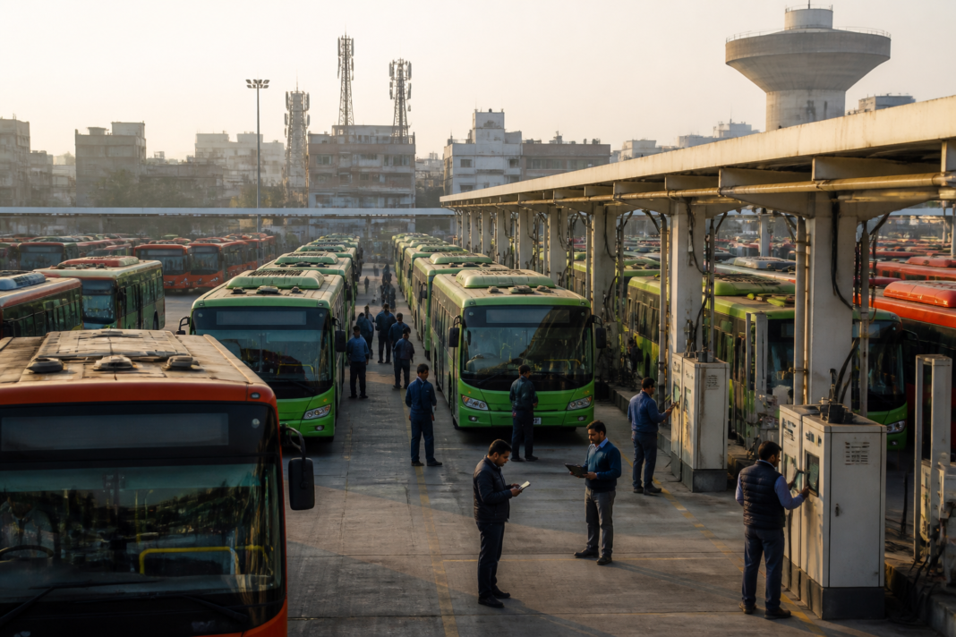 Delhi DTC buses at a depot under an AI-based public transport upgrade