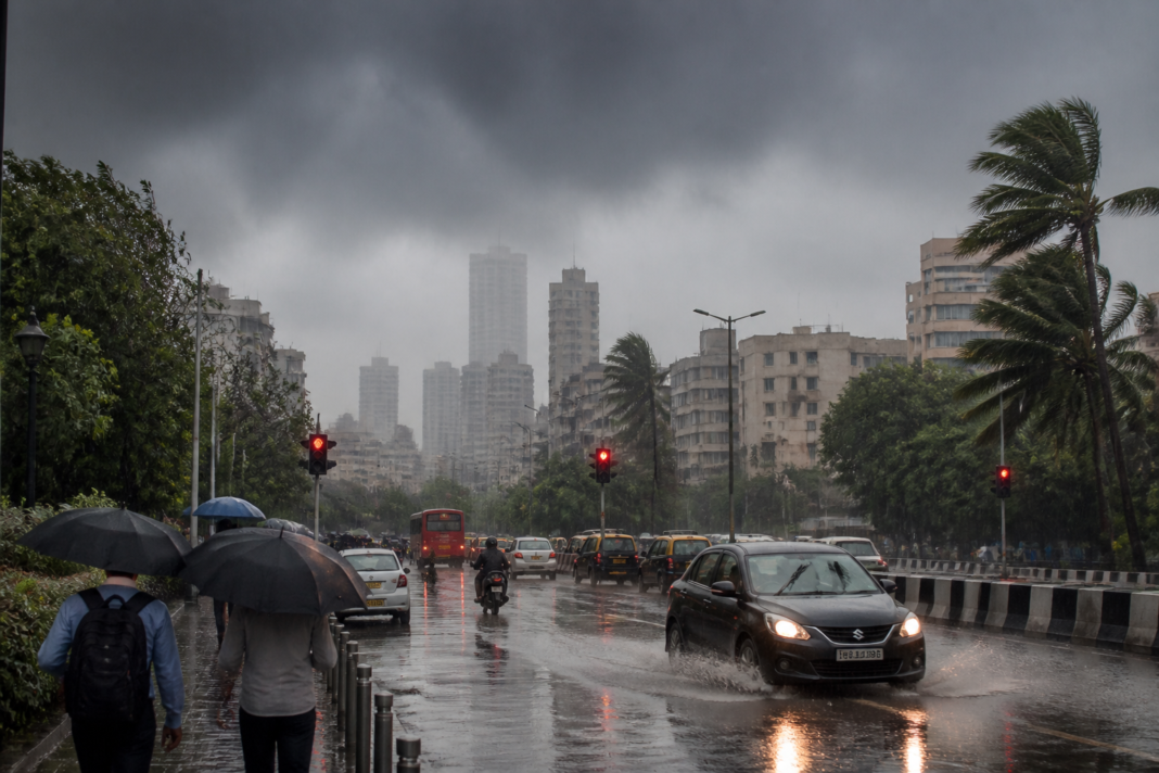Maharashtra rain alert over a waterlogged Mumbai road during a monsoon storm
