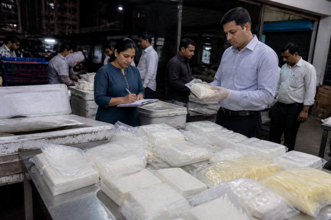 Pune FDA raid officials inspect seized paneer and khawa during a food-safety operation