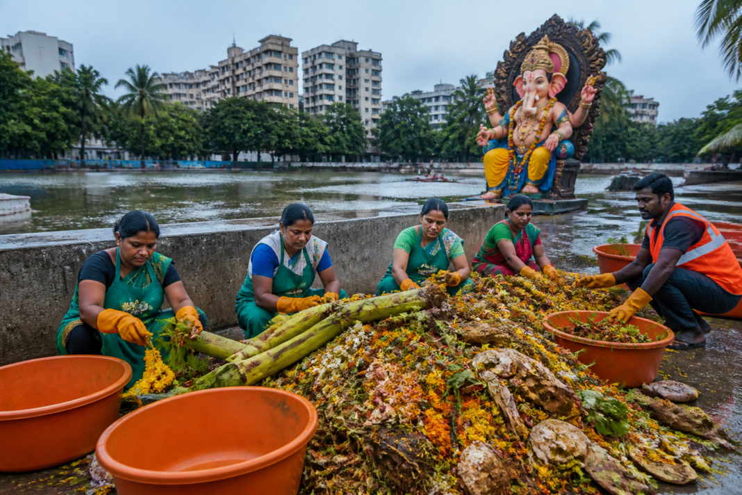 Vasai-Virar nirmalya composting collection point at an artificial Ganesh immersion pond