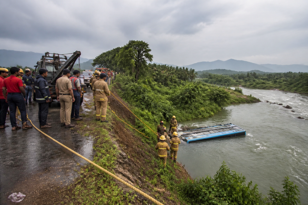 Rescue teams respond after a Tamil Nadu government bus falls into a river near Tenkasi.