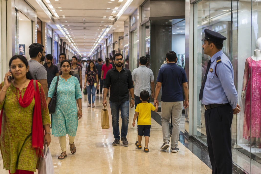 Mumbai mall assault conviction represented by a mall corridor with security staff and shoppers.