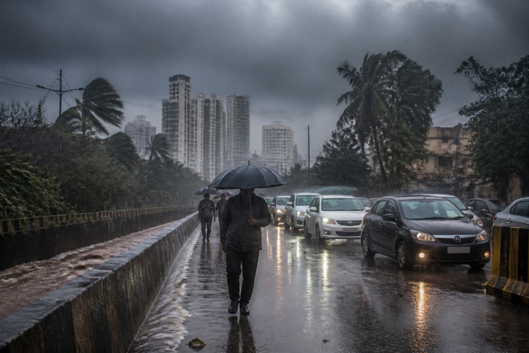 IMD weather forecast showing heavy rain and storm clouds over an Indian city