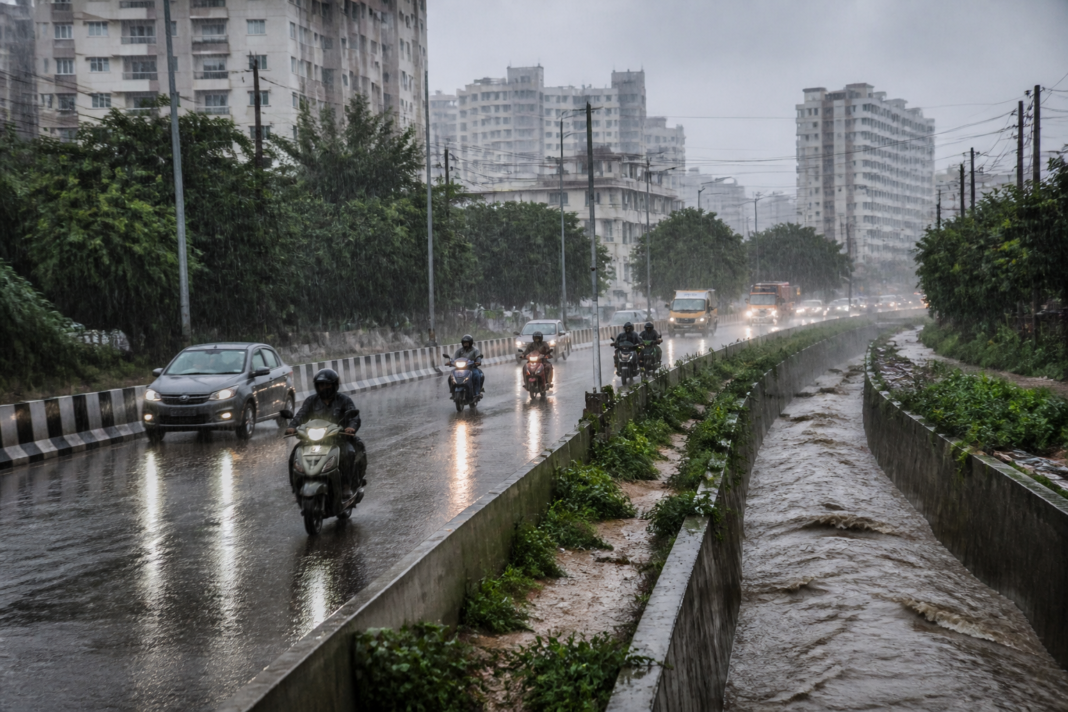 Telangana rains over Hyderabad suburbs with waterlogged urban roads and dark monsoon clouds