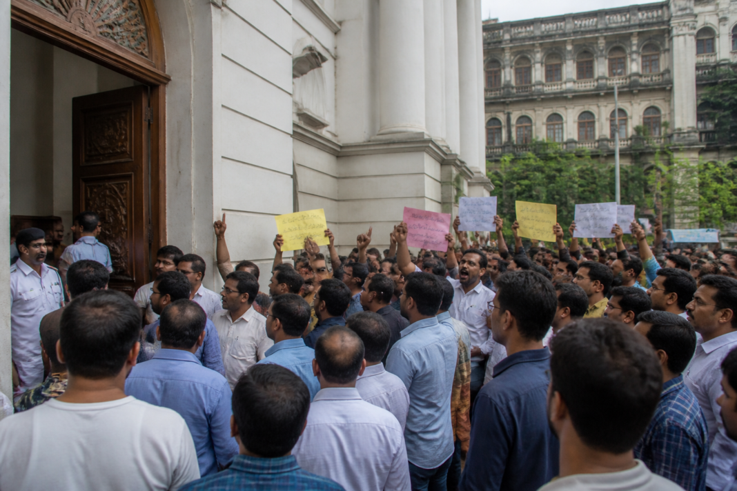 Kolkata Municipal Corporation engineers protest outside the civic building department office