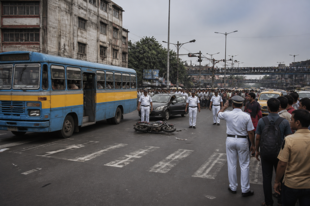 Kolkata bus accident scene near Sealdah with a city bus and traffic police on a busy road