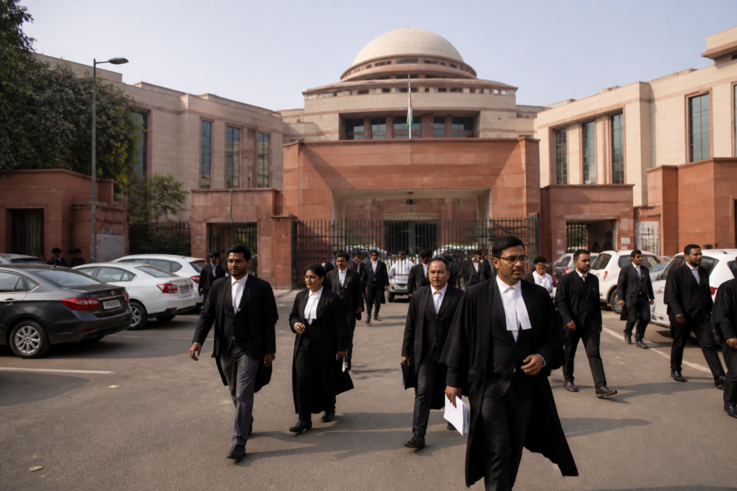 Gurugram Bar Association election leader Kulbhushan Bhardwaj outside a district court complex