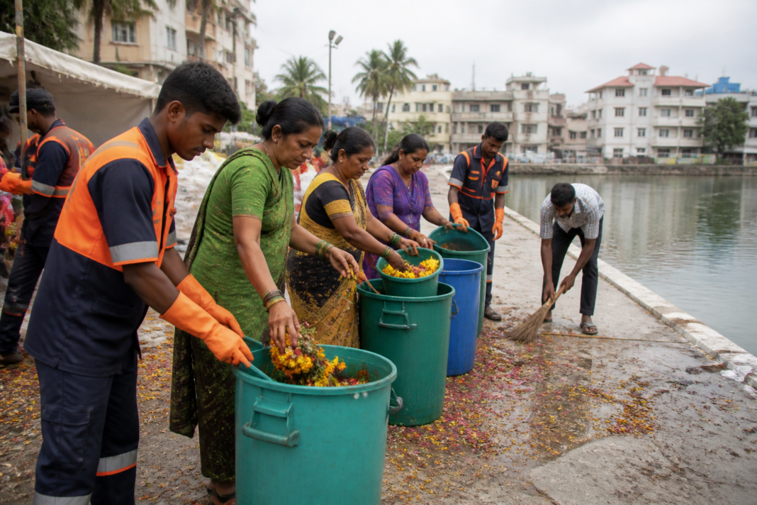 Vasai-Virar nirmalya compost collection at an artificial Ganesh immersion pond