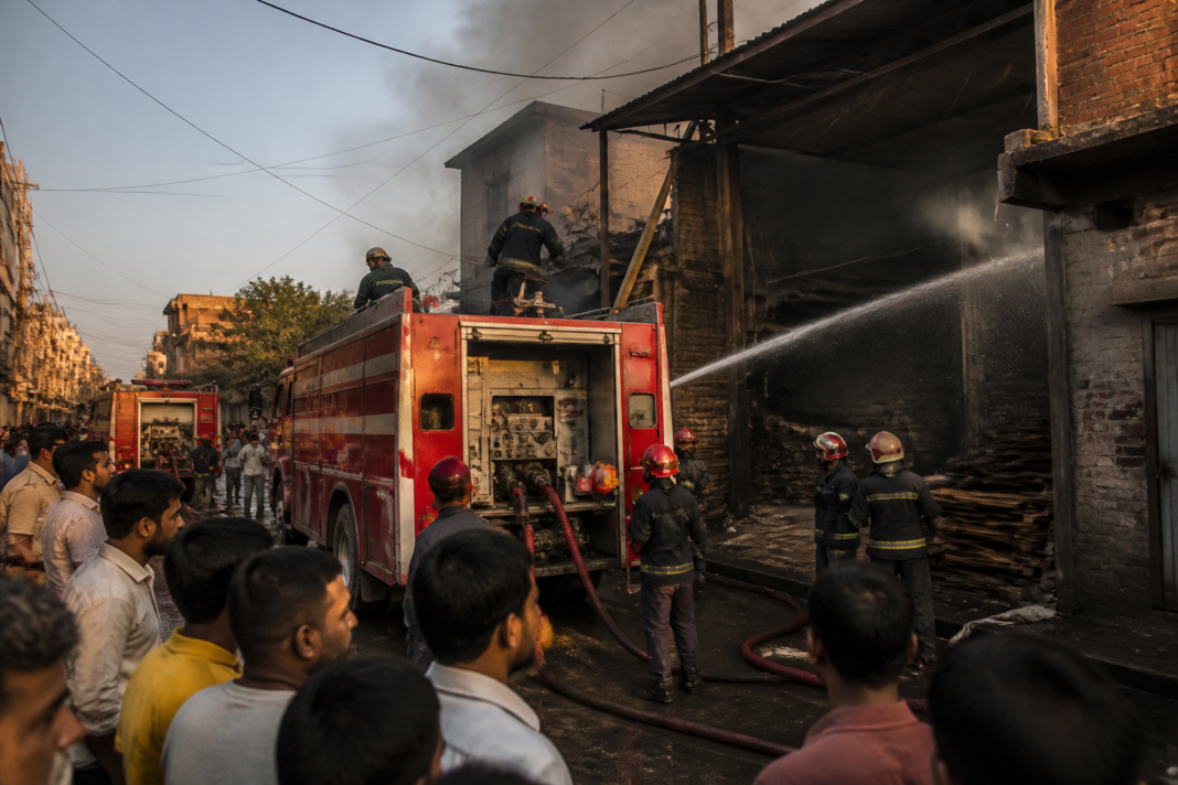 Delhi Dallupura fire response with fire tenders outside a wooden-items godown