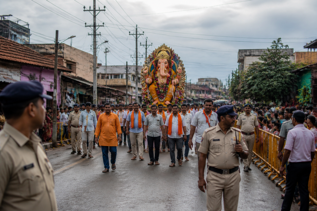 Karnataka Ganesh processions being organised along a traditional urban route with police security.