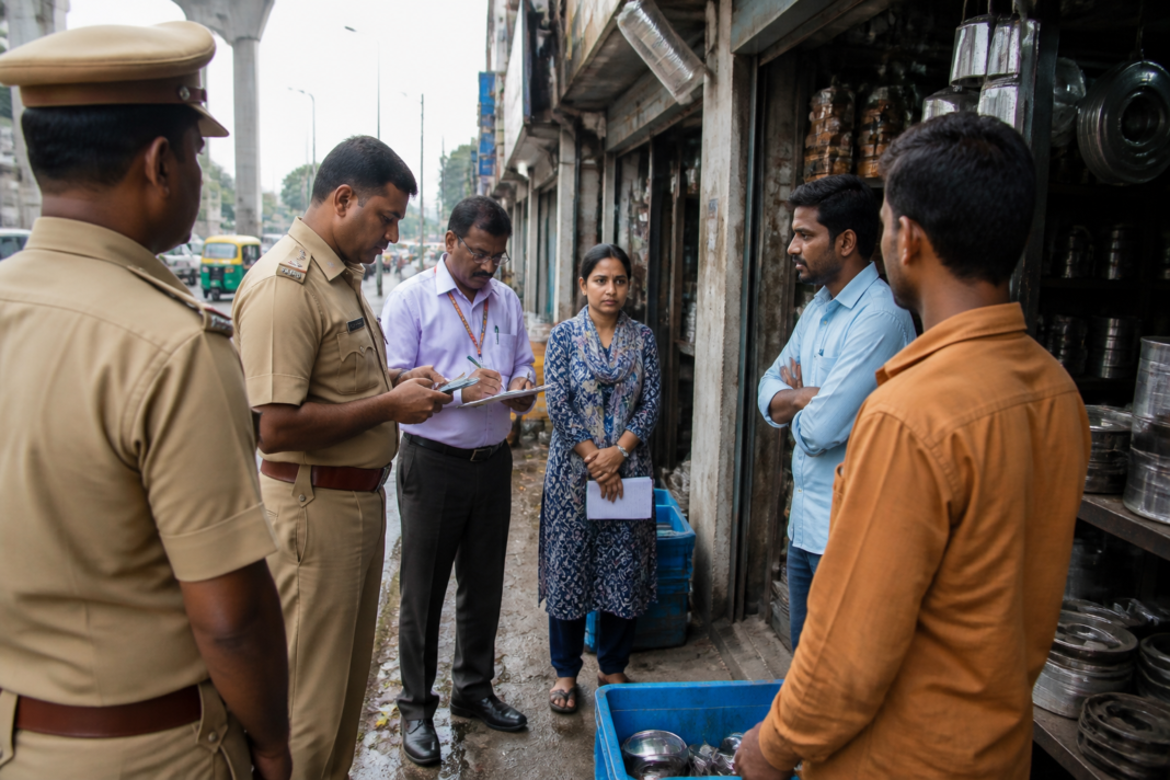 Bengaluru child labour enforcement operation at a commercial area with police and Labour Department officials
