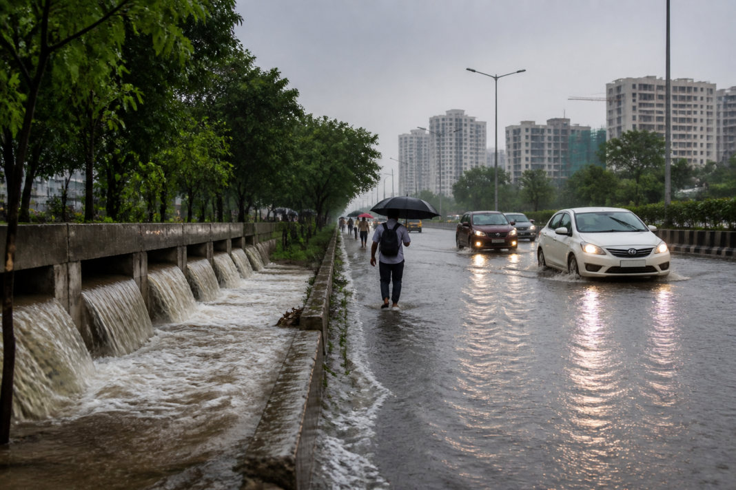 Telangana rainfall over a Hyderabad suburban road during heavy monsoon showers