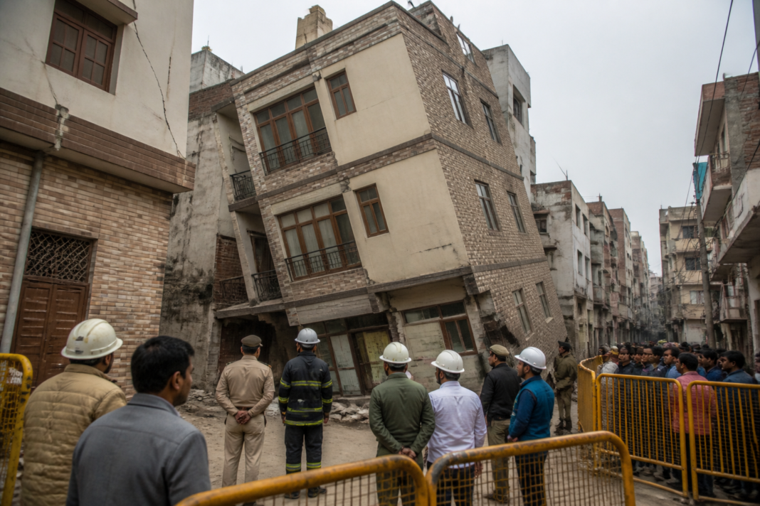 Gandhi Nagar building evacuated after tilting, with a cordoned-off Delhi street around it