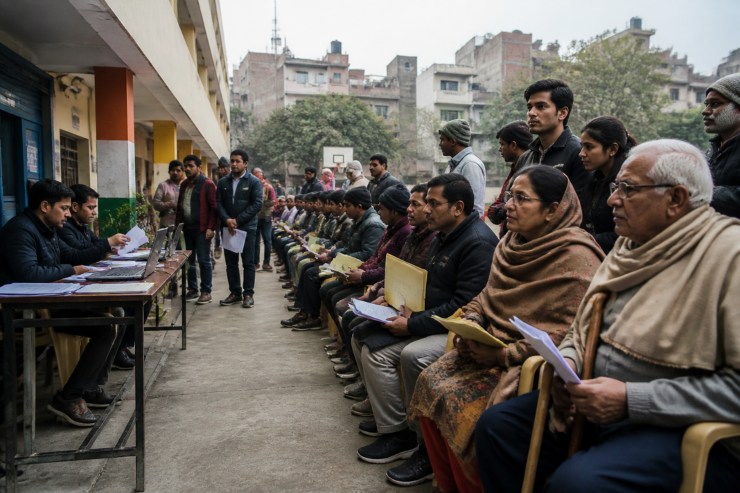 Delhi voter list revision hearing centre with residents waiting for document verification