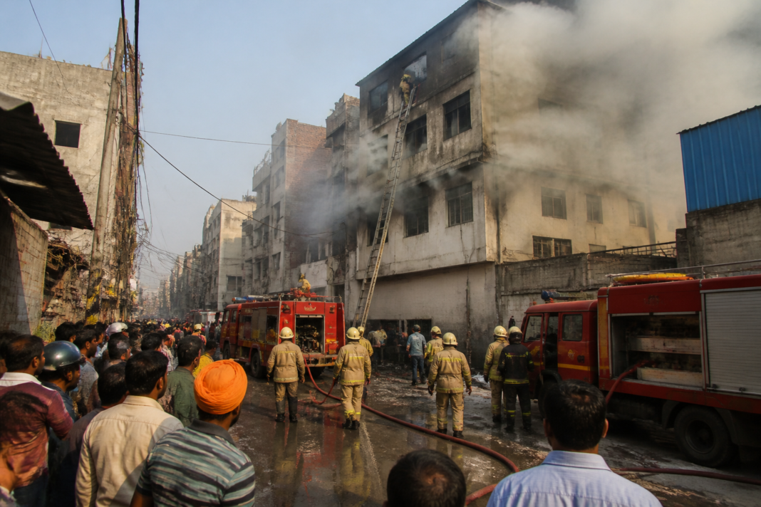 Fire engines respond to a Delhi factory fire in a dense Swaroop Nagar neighbourhood.