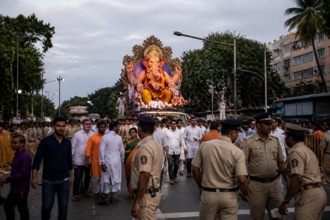 Ganeshotsav procession on a Karnataka public road with police managing crowds and traffic
