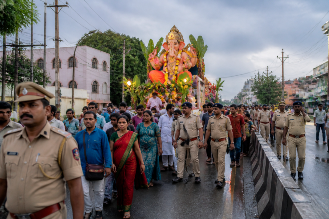 Ganesh festival procession in Karnataka following an approved police route