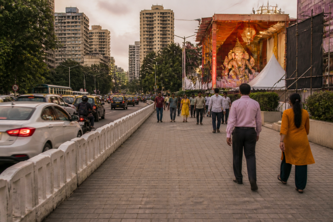BMC pedestrian safety campaign on a Mumbai pavement during the festival season