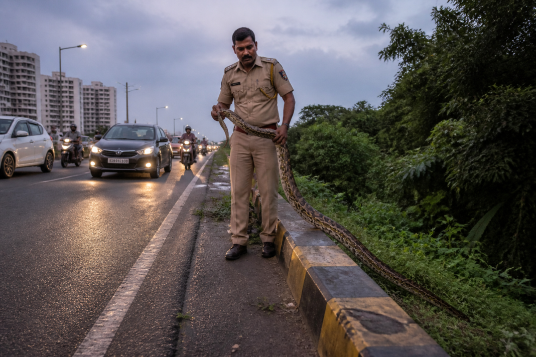 Python rescue near the Nalasopara-Virar Link Road divider by a police officer