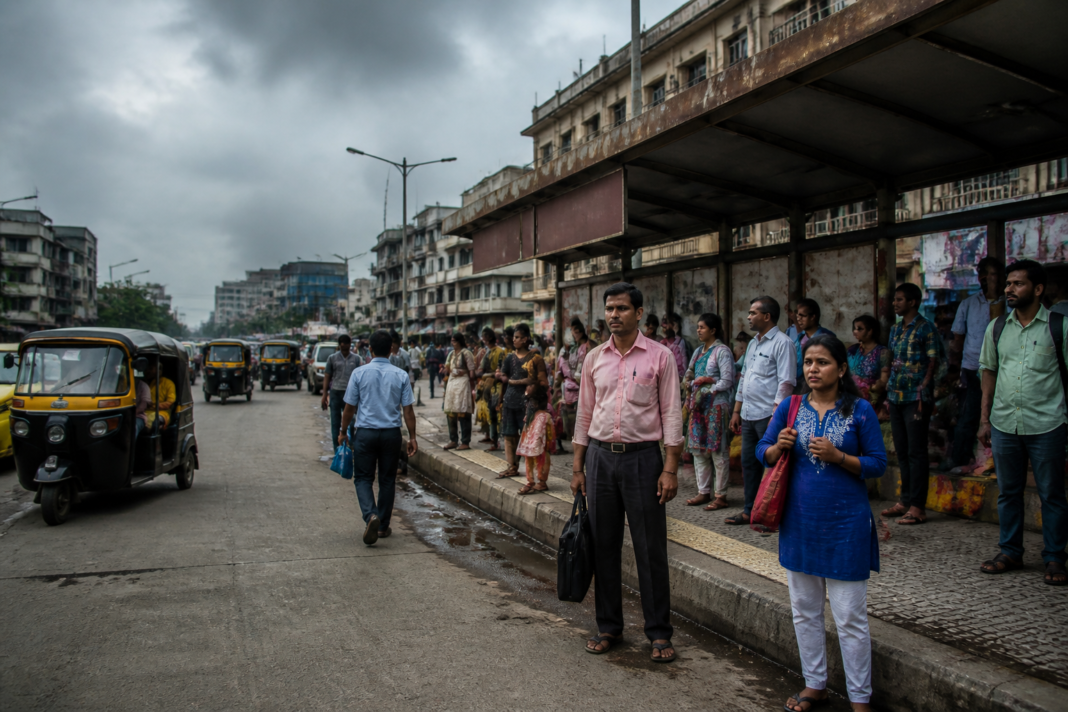 Vasai Virar bus strike leaves commuters waiting near an empty city bus route.