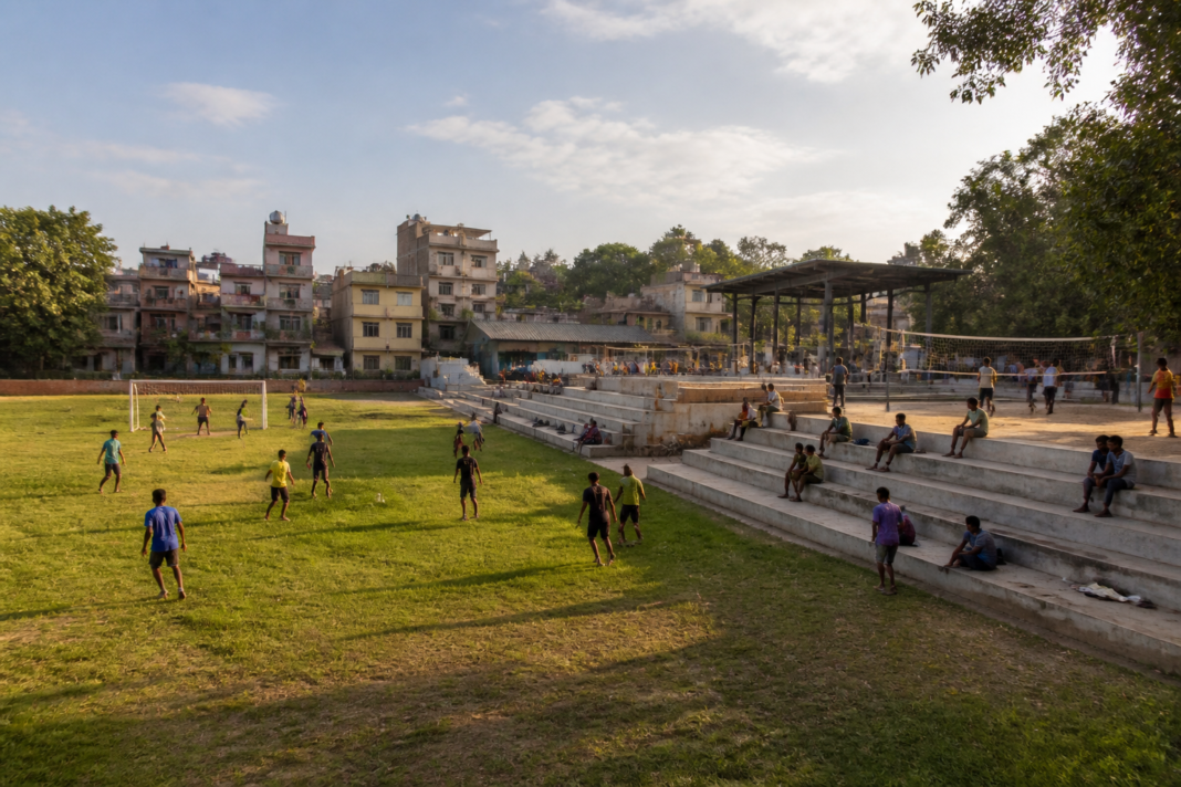 Perambur sports facilities planned at a Chennai public ground with seating and sports courts.