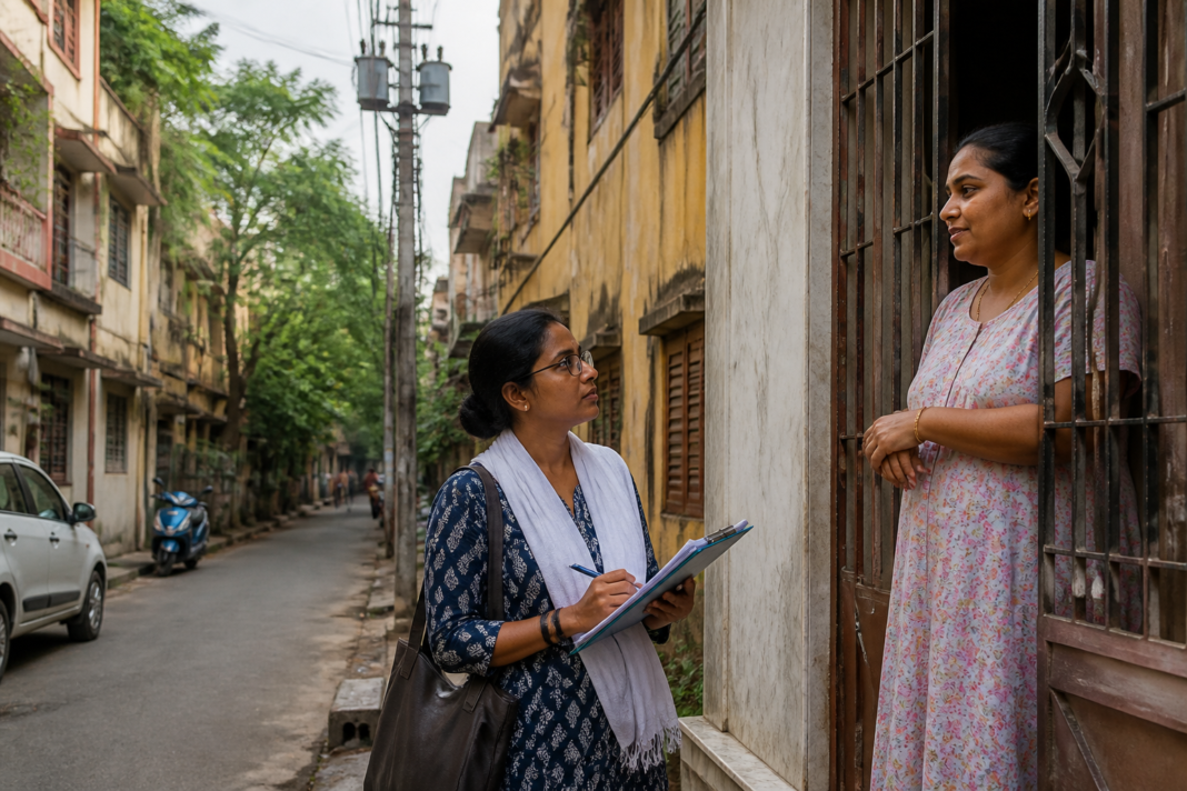 Kolkata census enumerator conducting a household survey in a residential neighbourhood