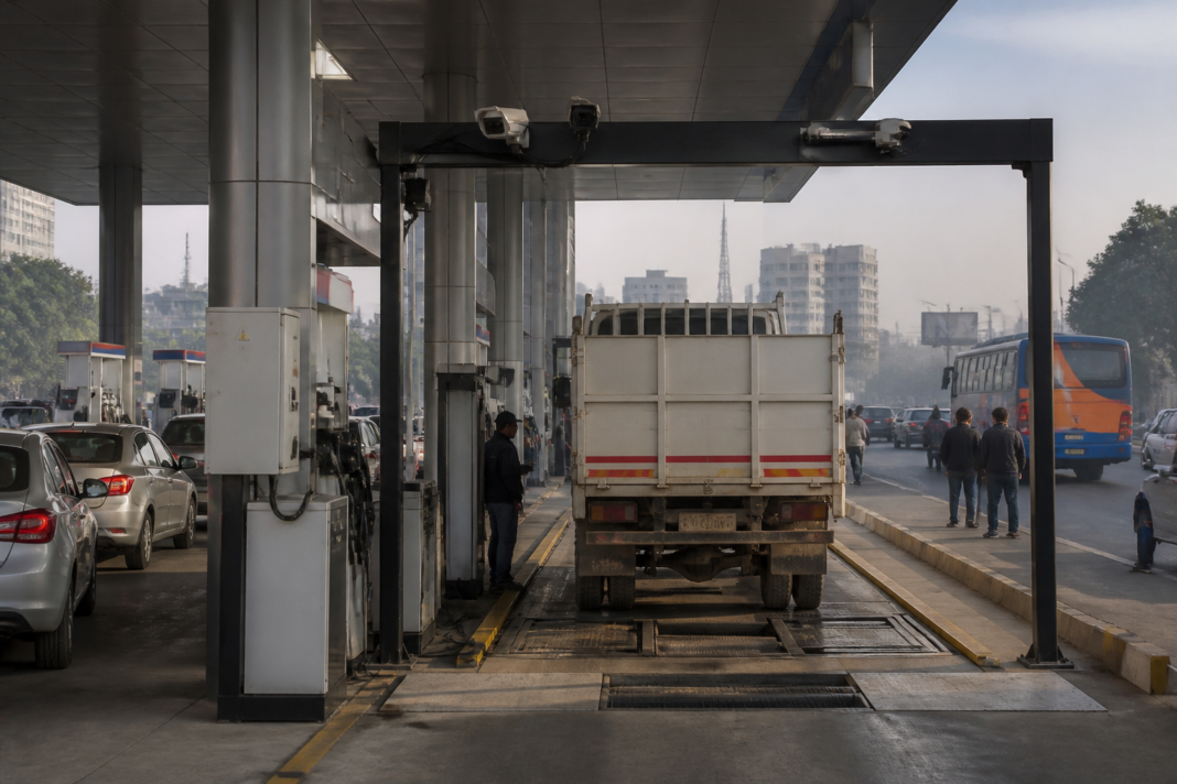 Delhi pollution checks at a vehicle testing centre with cameras and inspection equipment