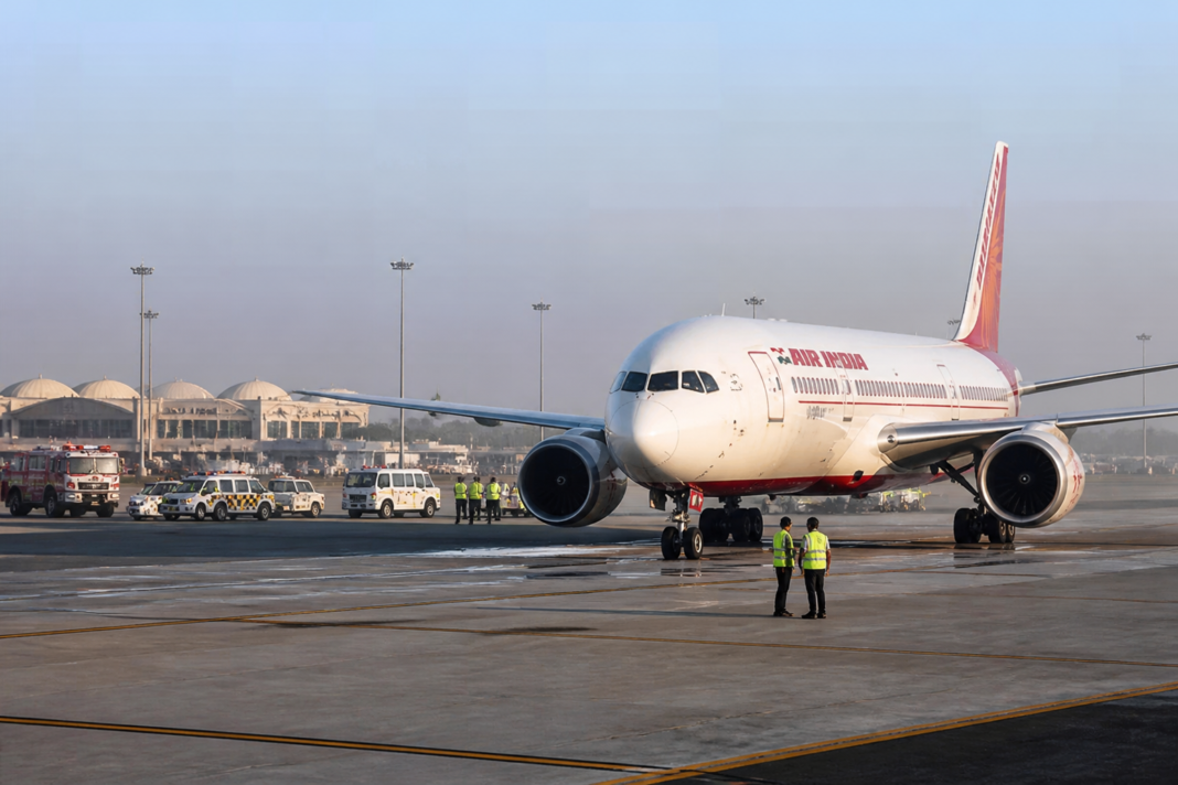 Air India flight after an emergency landing at Jaipur airport following an engine snag