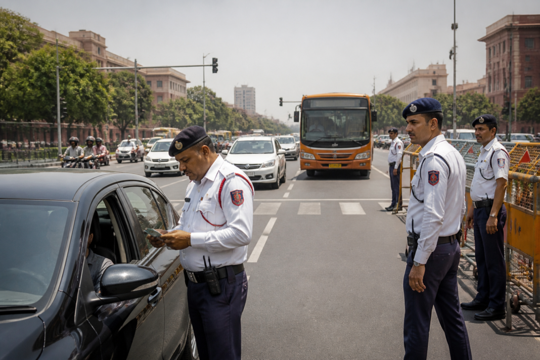 Delhi traffic police officers enforcing road rules during the BRICS summit