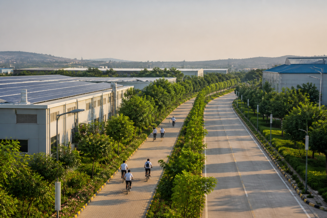 Green industrial corridors Karnataka with factories, trees, walking paths and renewable energy infrastructure