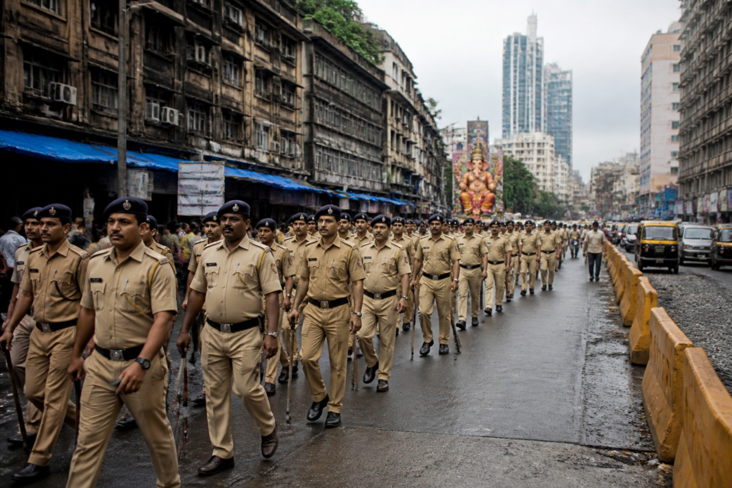Mumbai Police personnel conduct a flag march ahead of Ganeshotsav security arrangements.