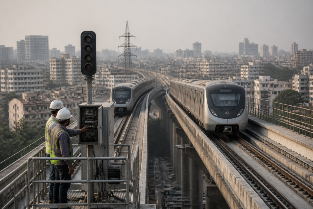 Mumbai Metro Line 9 Phase 2 trains undergoing signalling integration near Charkop Depot