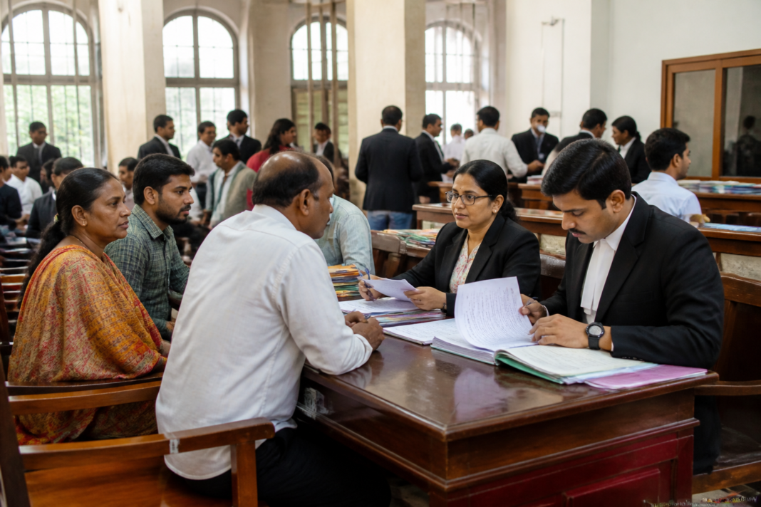 Telangana Lok Adalat officials processing court files and settlement cases