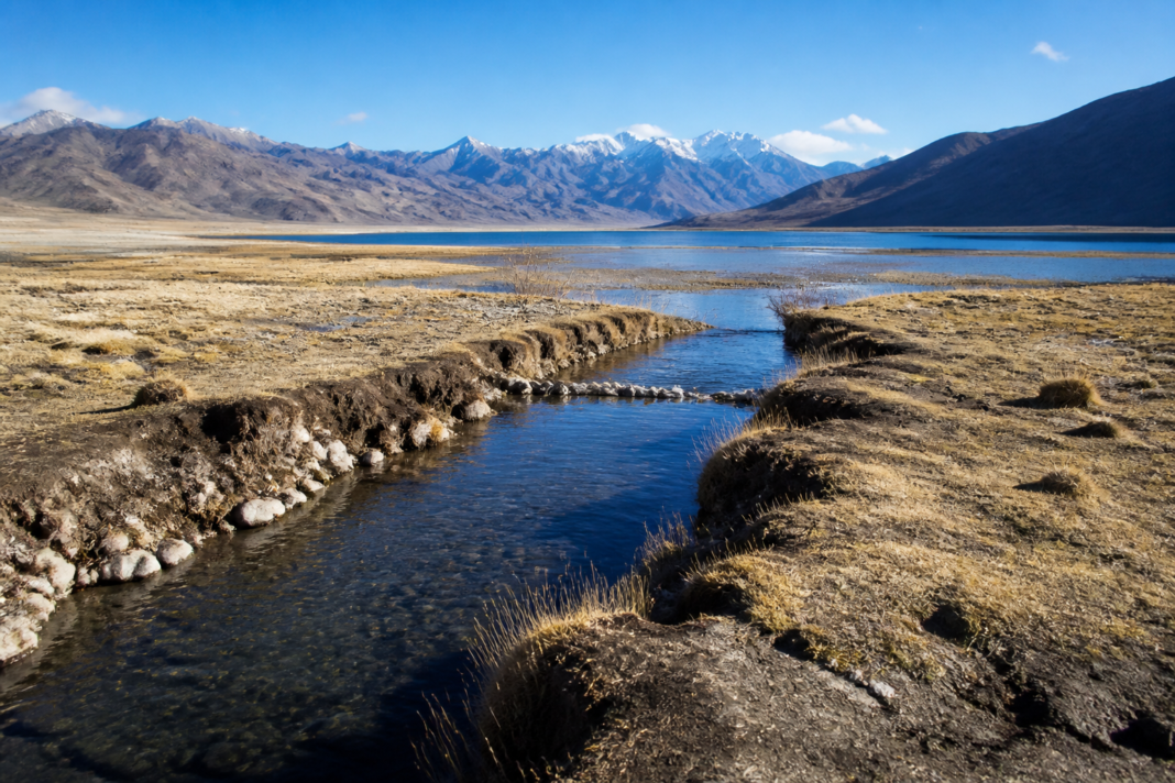 Tso Kar Lake revival project using glacier meltwater in Ladakh’s high-altitude landscape