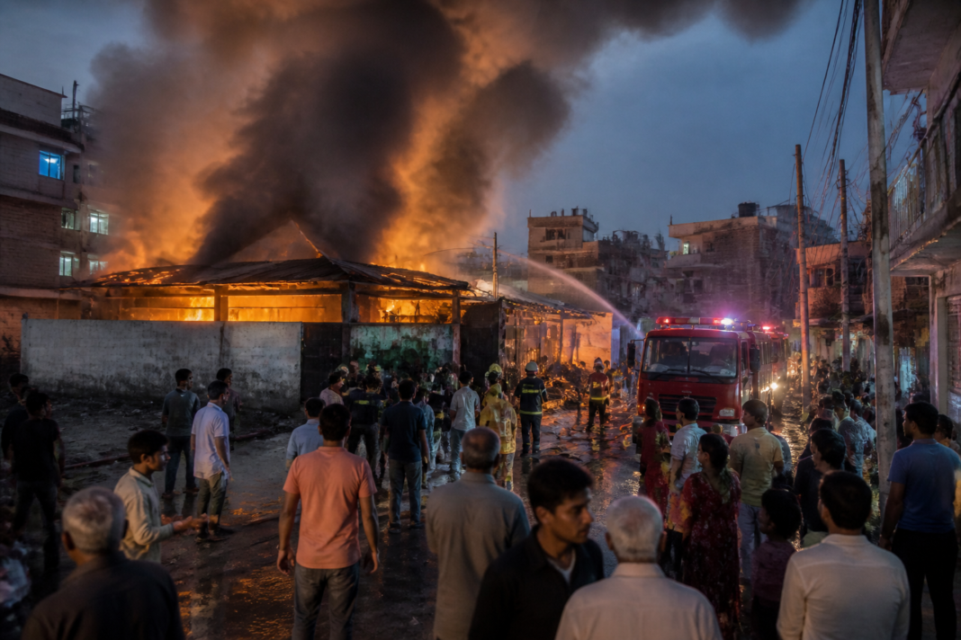 Delhi warehouse fire with smoke rising over homes in Dallupura, East Delhi