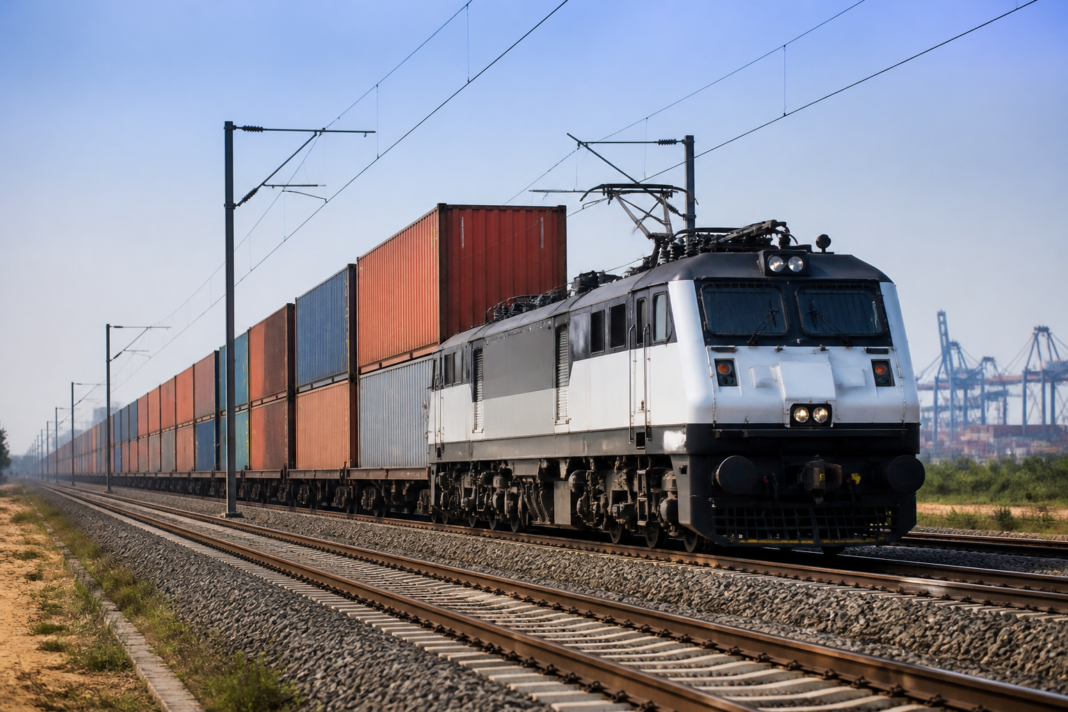 Dedicated Freight Corridor freight train carrying containers on a railway line in India