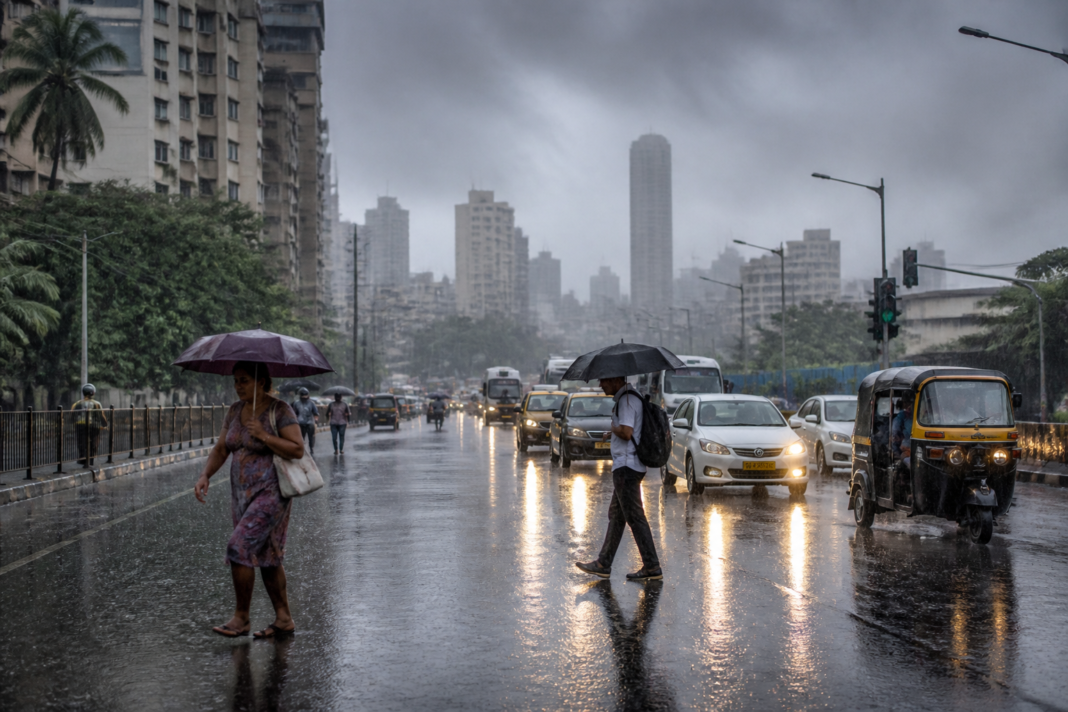 Mumbai rains over the western suburbs with dark clouds and wet urban roads