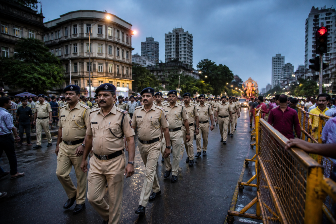 Mumbai Police Ganeshotsav security deployment during a flag march on a city route
