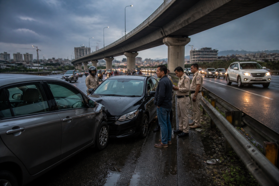 Pune Navale Bridge traffic on the Mumbai-Bengaluru bypass after a reported road incident