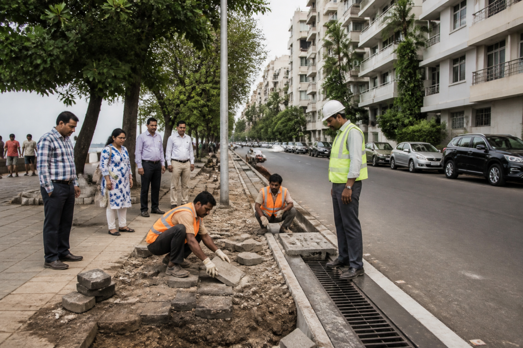 Mumbai civic works on a residential street in Cuffe Parade with residents observing contractors.