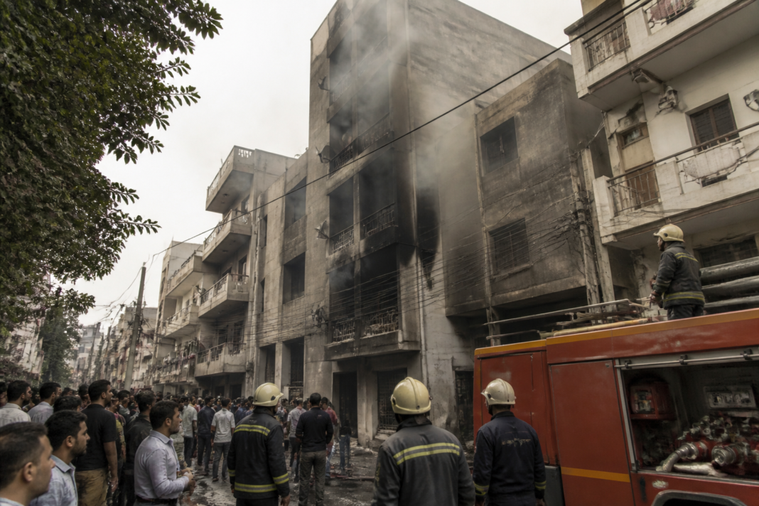 Fire tenders responding to a Delhi building fire in a dense residential area.