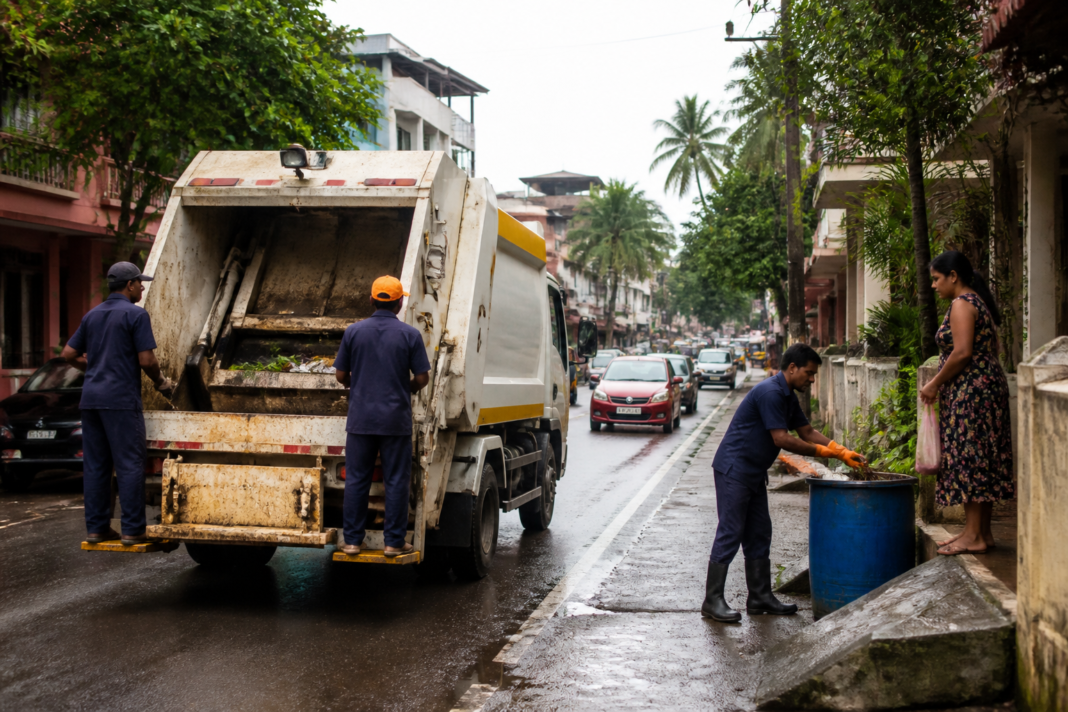 Mangaluru waste management workers and collection vehicles on a city street