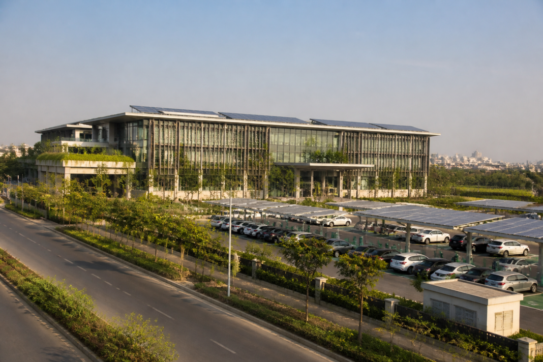 Planned Cyberabad Municipal Corporation office complex with sustainable design and EV parking.