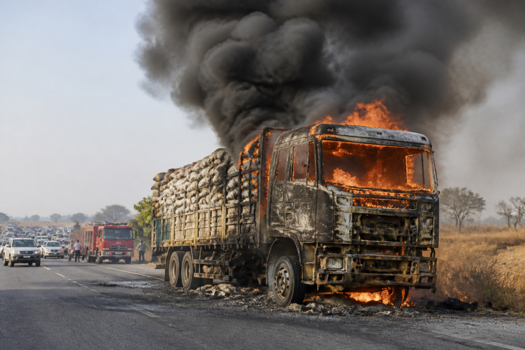 Hyderabad truck fire involving a cargo vehicle on NH-167 near Janampally