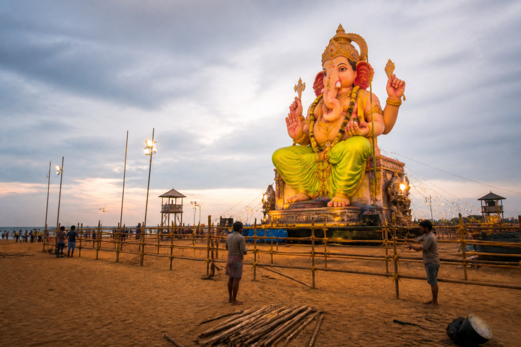 Manginapudi Beach prepared for Maha Ganapati celebrations with a large idol and visitor facilities