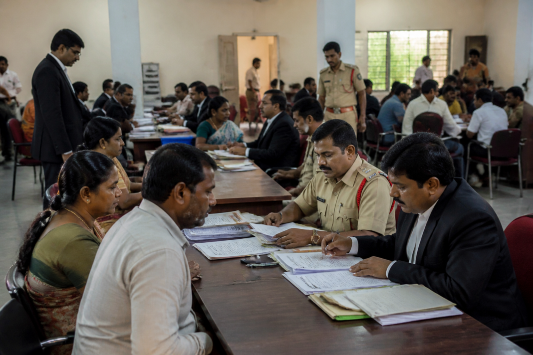 Nizamabad Lok Adalat proceedings with officials assisting citizens at a legal settlement camp