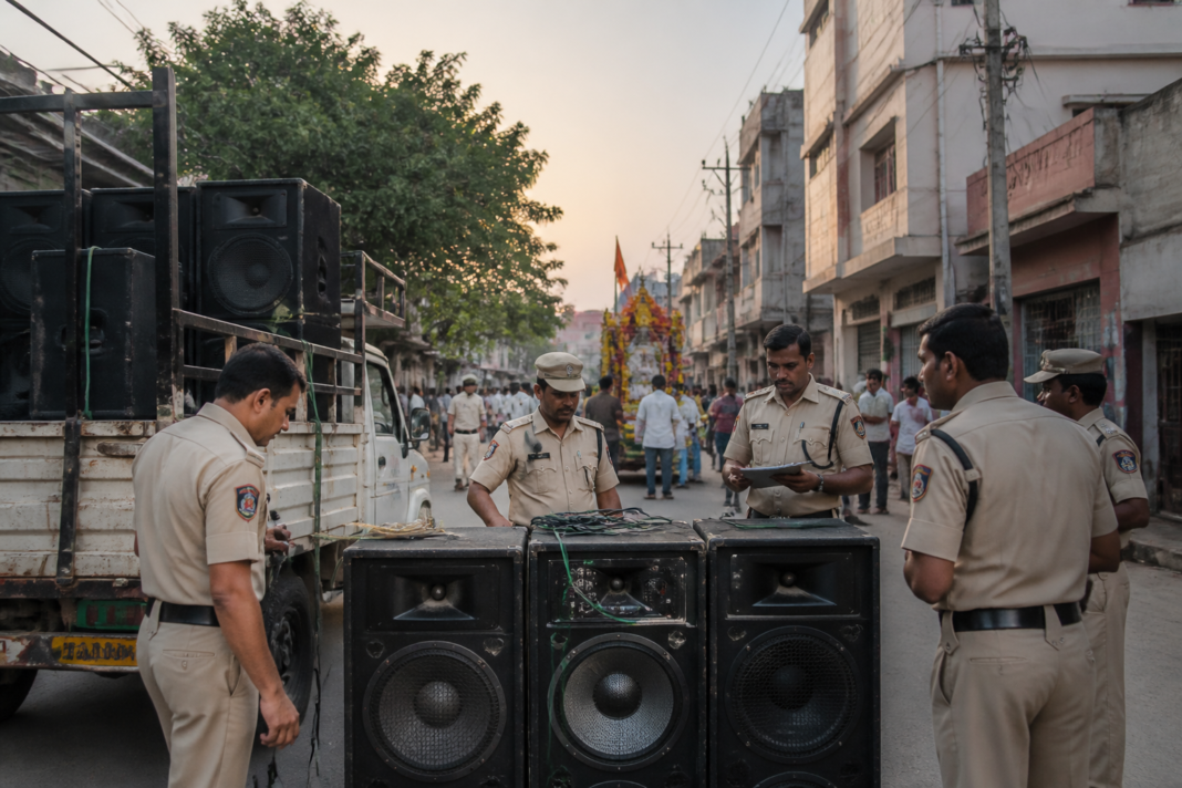 Anantapur DJ systems seized by police after alleged noise violations during a Ganesh procession.
