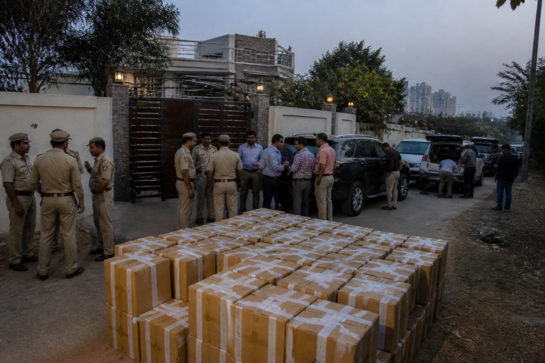 Delhi farmhouse liquor smuggling raid in Fatehpur Beri with seized vehicles and liquor crates