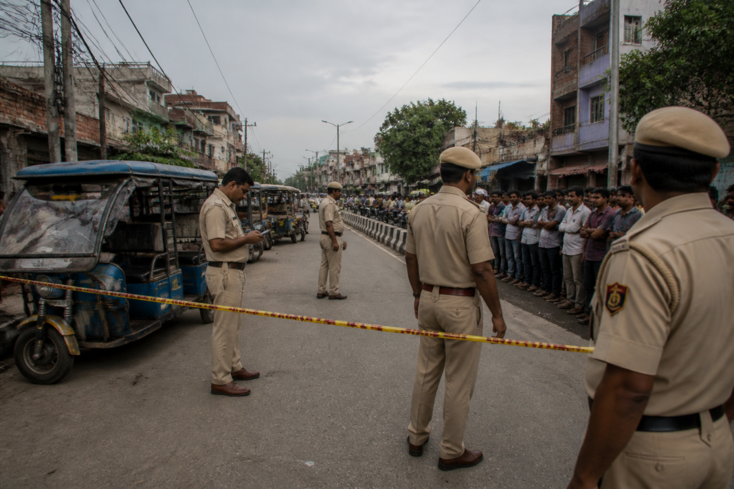Police investigate the Shahbad Dairy area after a Delhi e-rickshaw driver murder