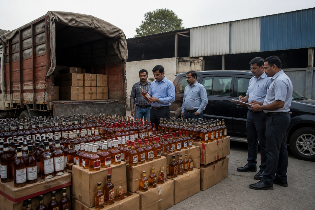 Delhi illegal liquor crackdown with excise officials inspecting seized liquor bottles and vehicles